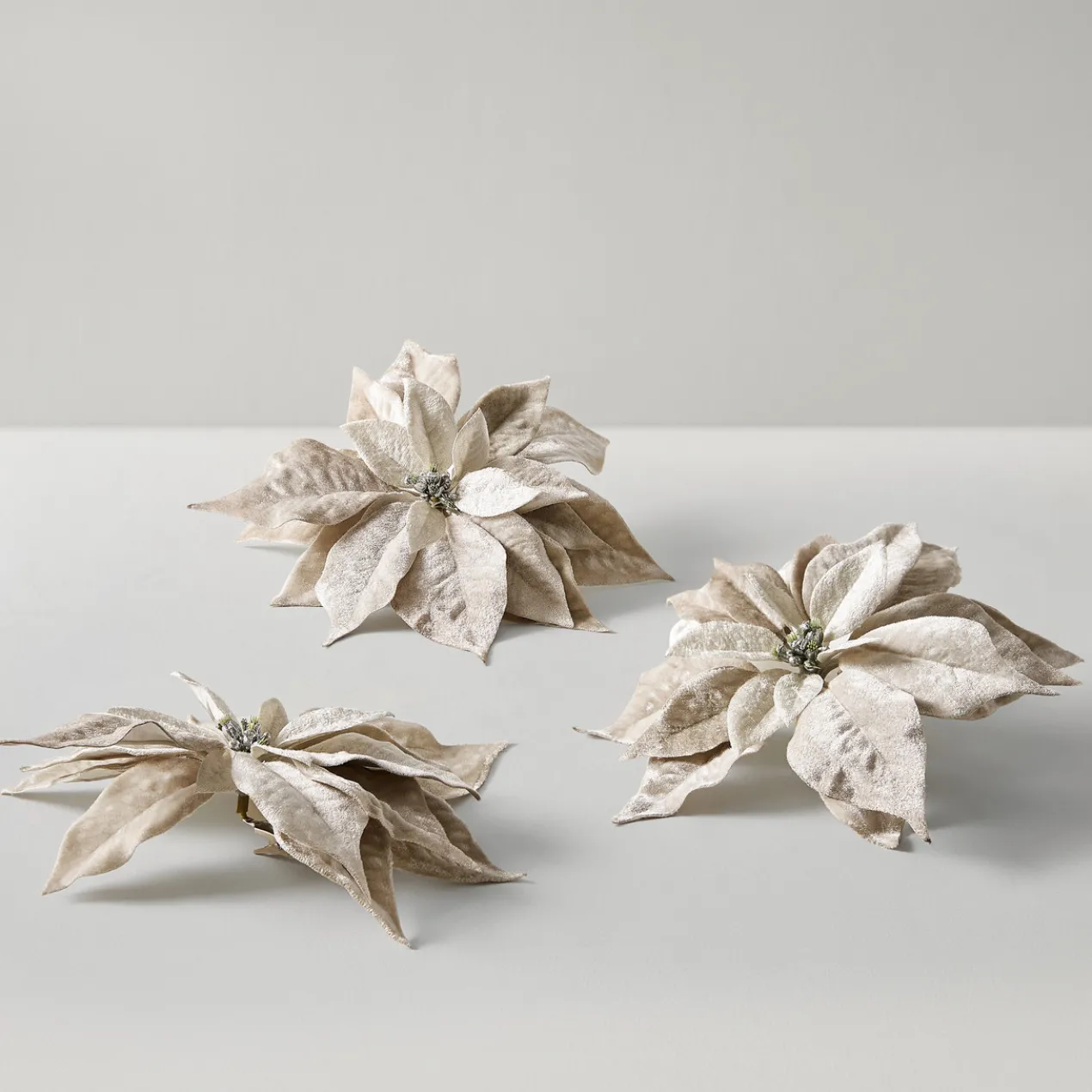 Velvet Poinsettia Clip - Grey - Set of 3